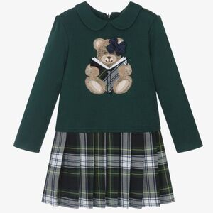 Patachou Girls Green Tartan Teddy Dress – Size 5Y | Peter Pan Collar